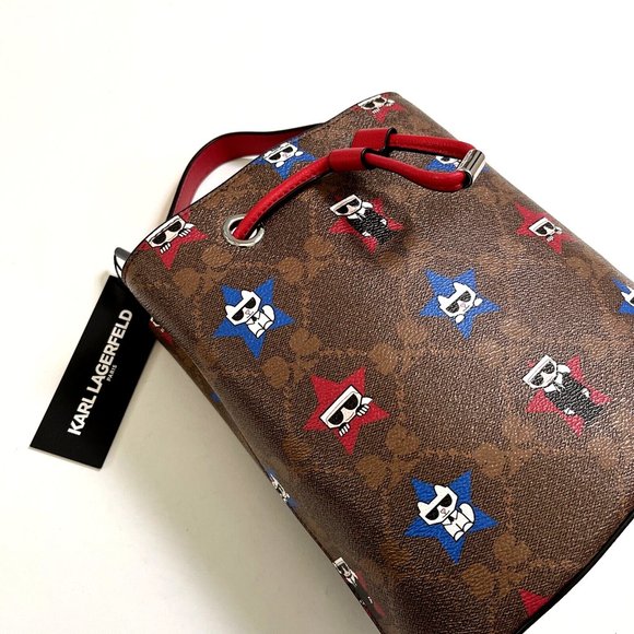 NWT Karl Lagerfeld Paris Bucket Bag Stars Print Brown Red Drawstring Crossbody - Picture 3 of 10